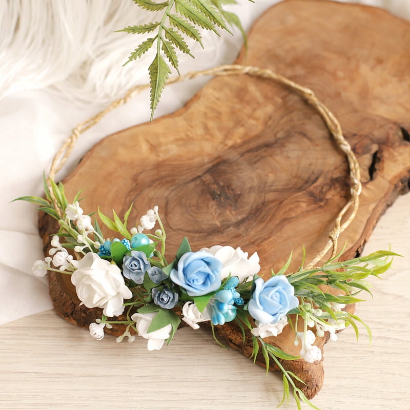 

Wianek komunijny w stylu boho niebieskie kwiaty