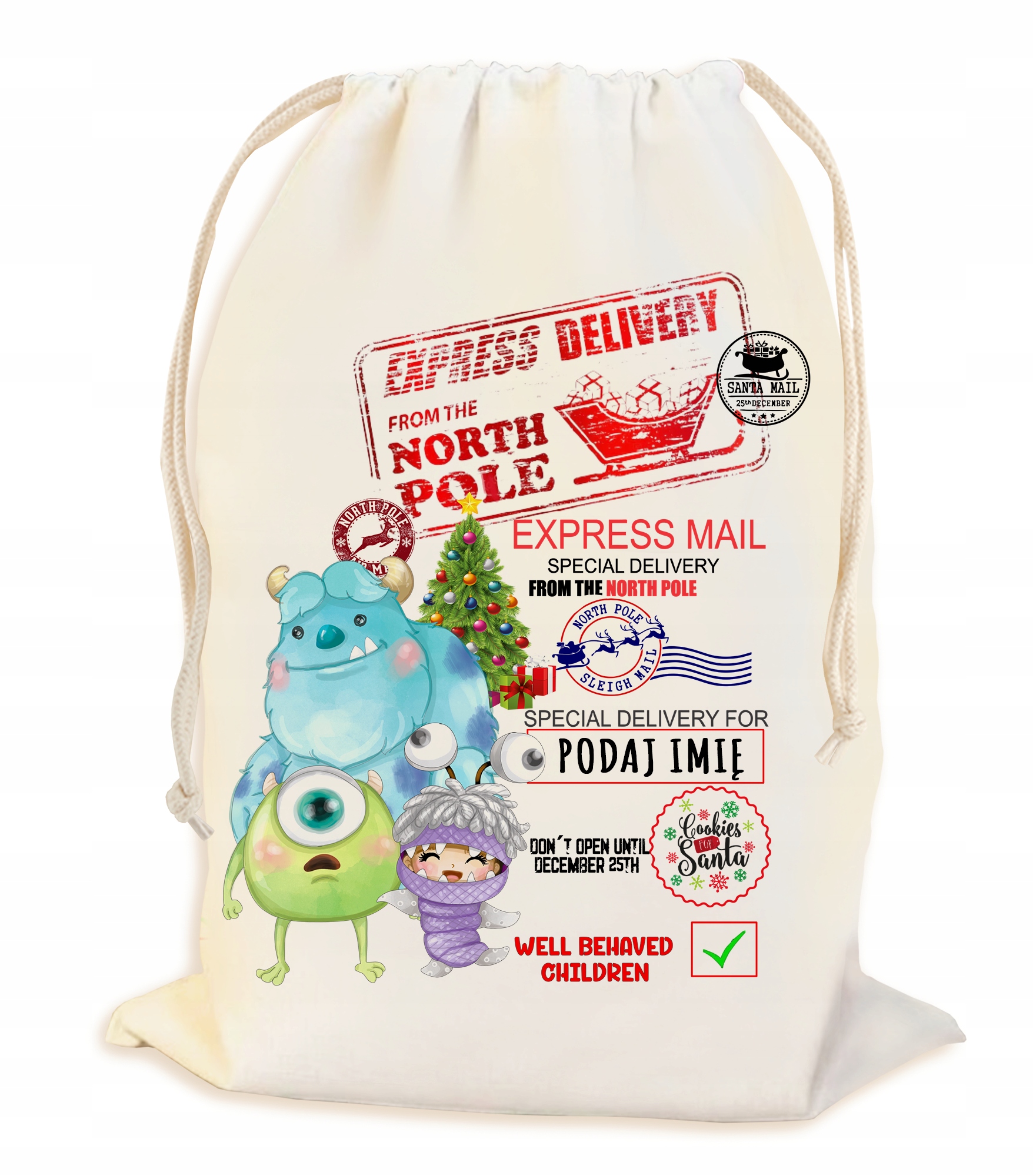 PEROSNALIZOWANY WOREK NA ŚWIĄTECZNY PREZENT POD CHOINKĘ Z IMIENIEM 23*34CM