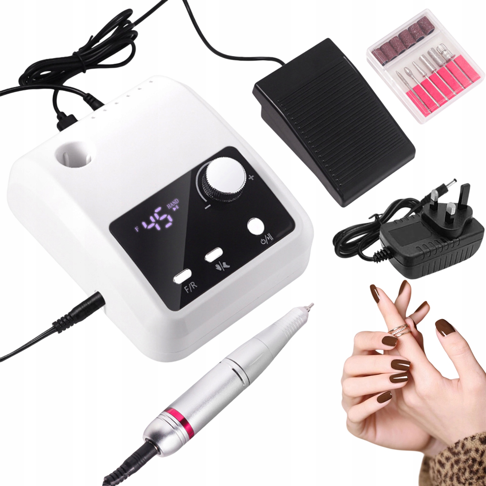 Sada Na Manikúru Pedikúra Bruska 45000 M S Pedálem A Frézkami, Bílá