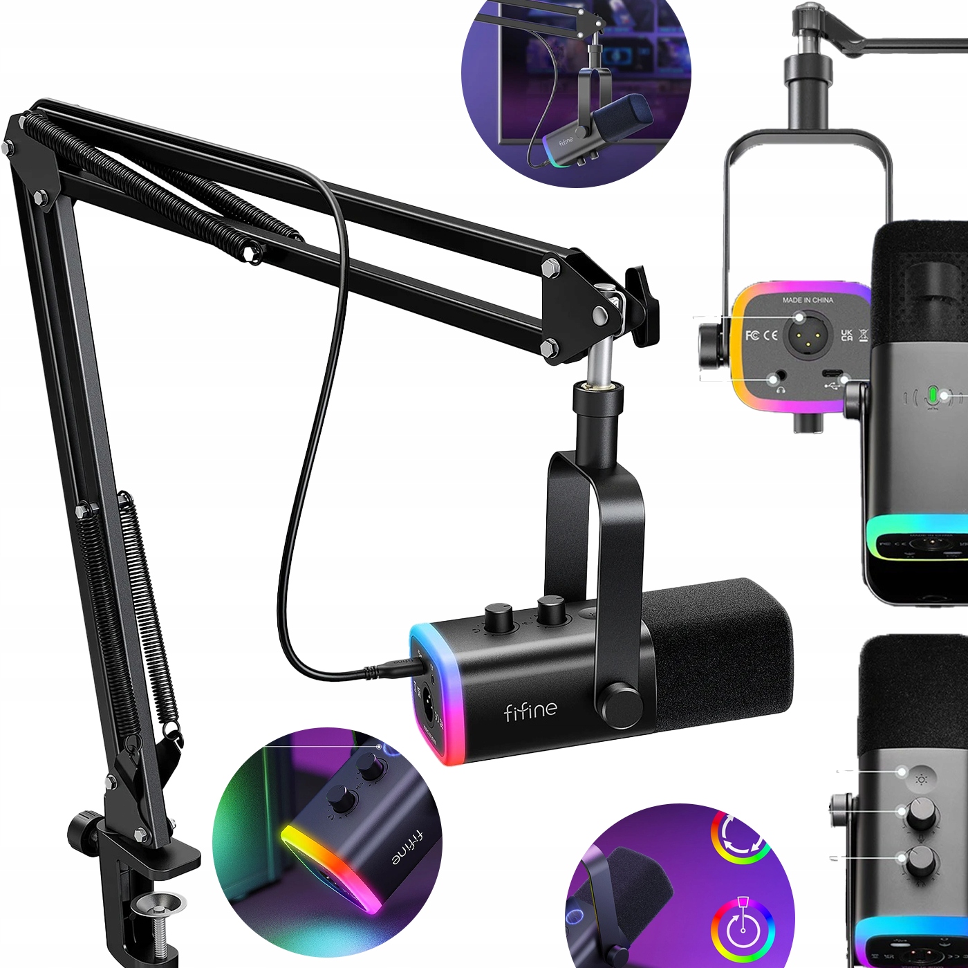 Mikrofón Dynamický Xlr Usb Gaming Sada Rameno PS5 Live Rgb Stlmenie