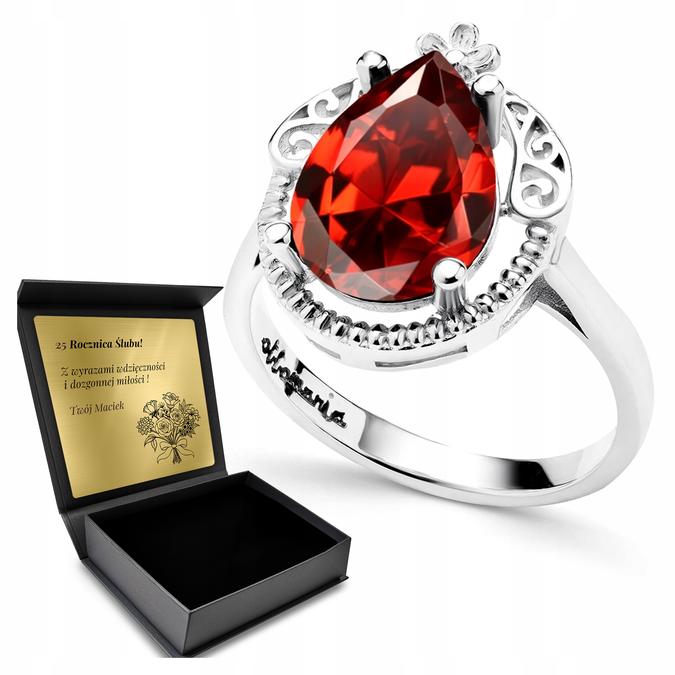 Prstýnek 925 Zirkony Granátové Jablko Šperky Pro Ženy Gravírování Bonus