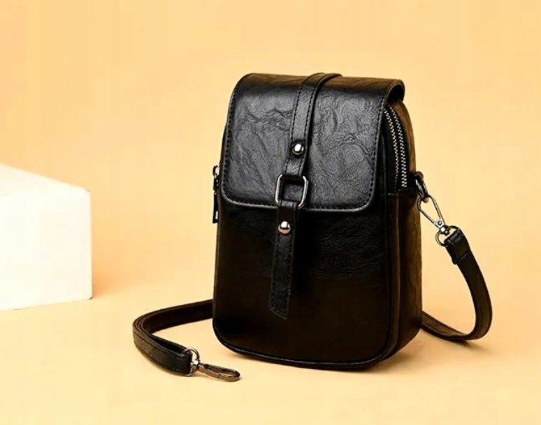 Damska Torebka skórzana kopertówa CROSSBODY boho czarna listonoszka suwak Cechy dodatkowe kieszonka na telefon