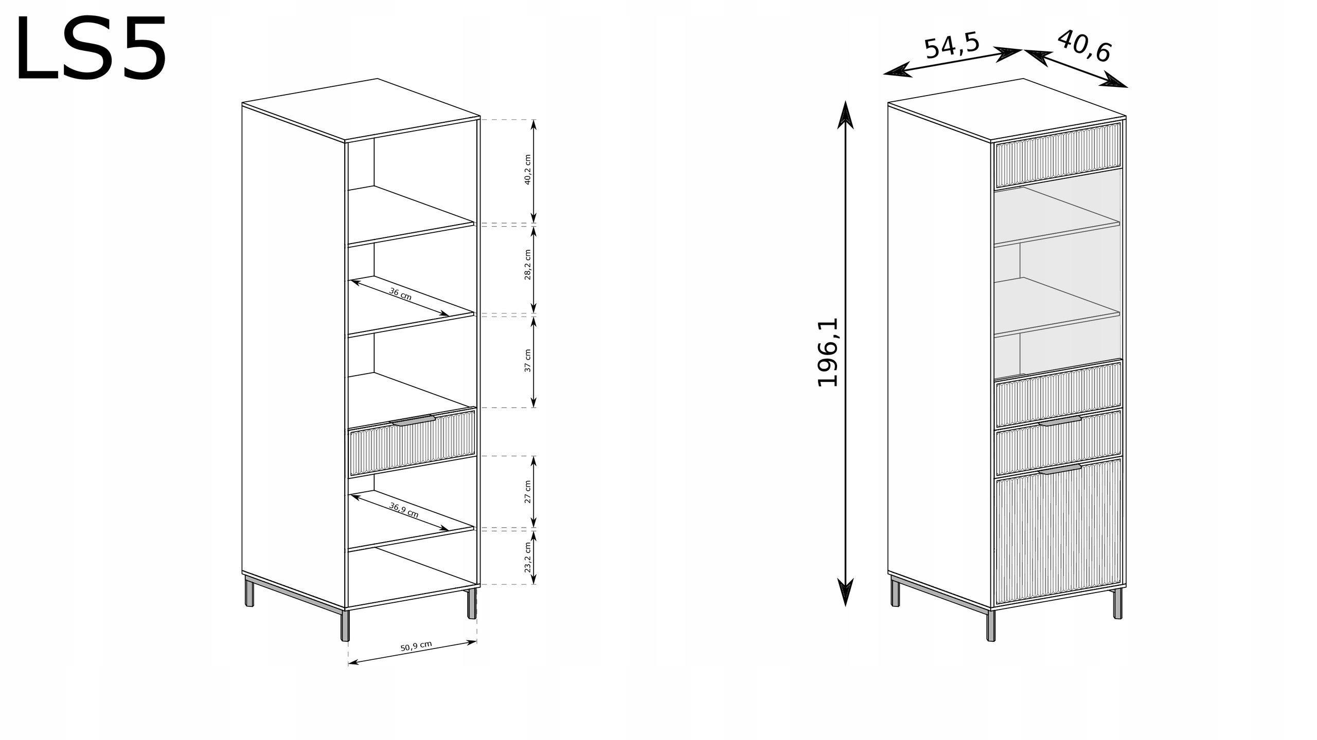 WITRYNA stojąca LS-5 ryflowane fronty KASZMIR + CZARNE NOGI Marka Pro-S