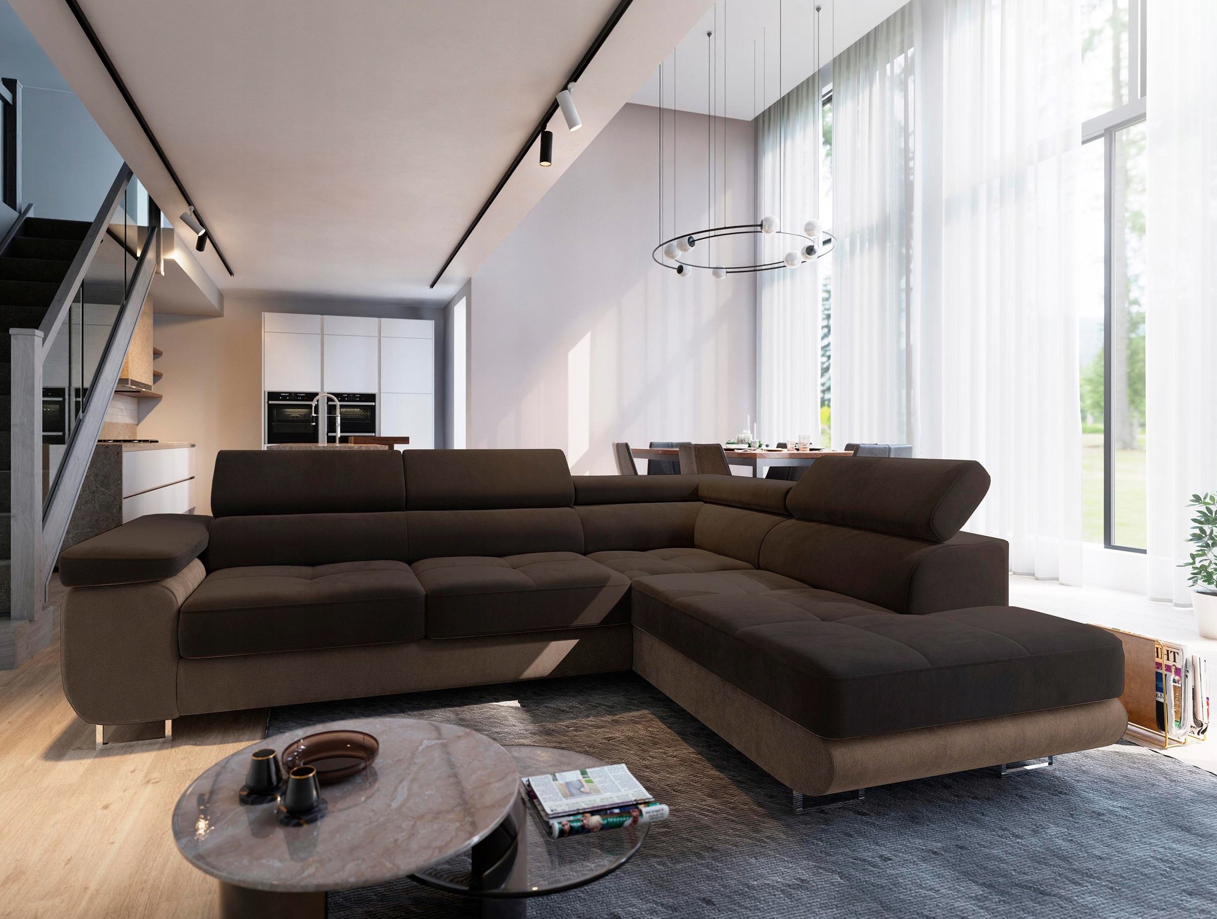 Rohová Sedací Souprava Selva Funkce Spaní Glamour Velur Hnědá Béžová