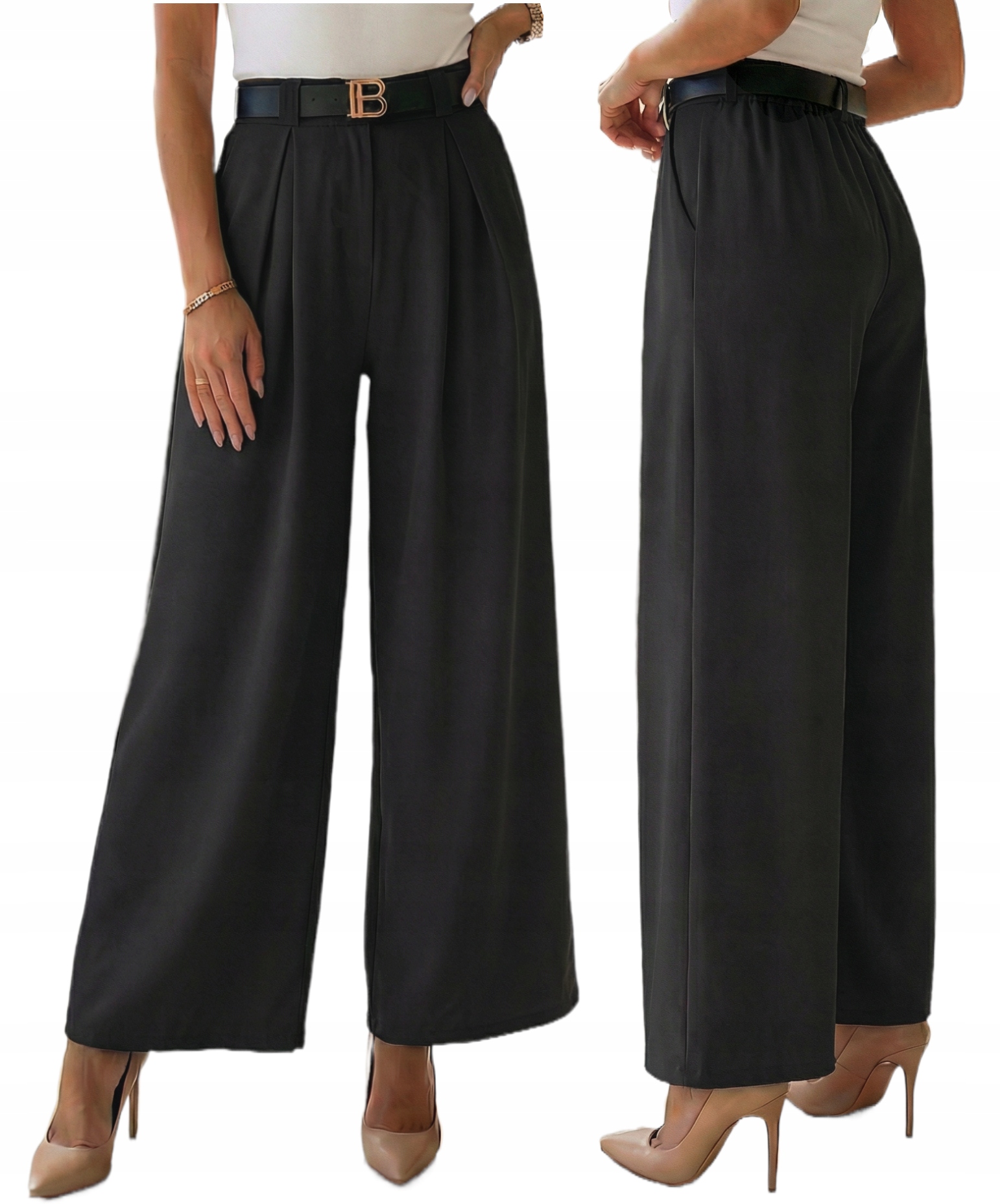 Czarne Spodnie Damskie Szerokie Nogawki Palazzo Wysoki Stan