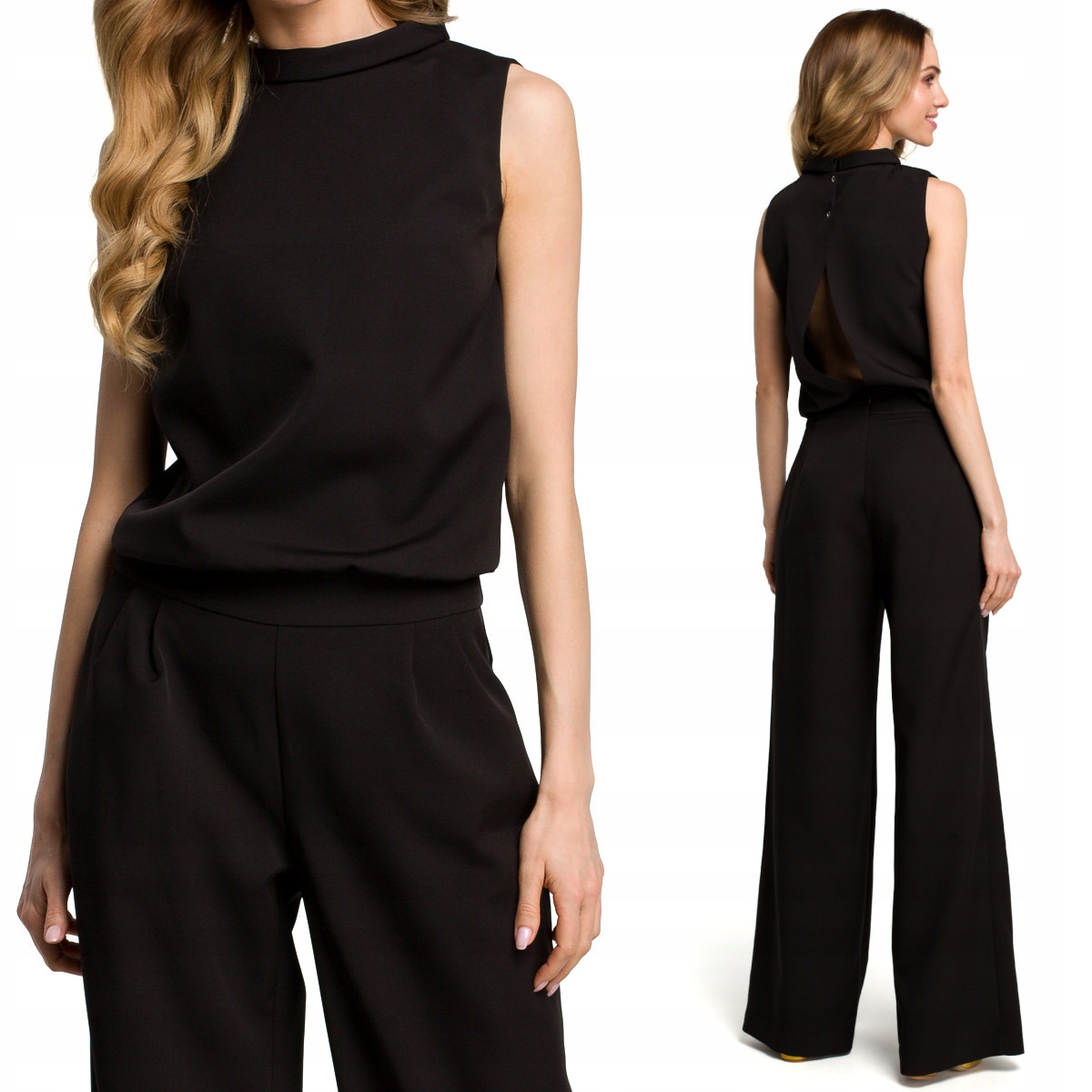 KOBIECY ELEGANCKI DAMSKI KOMBINEZON BEZ RĘKAWÓW LUŹNY LEKKI CZARNY 36 S