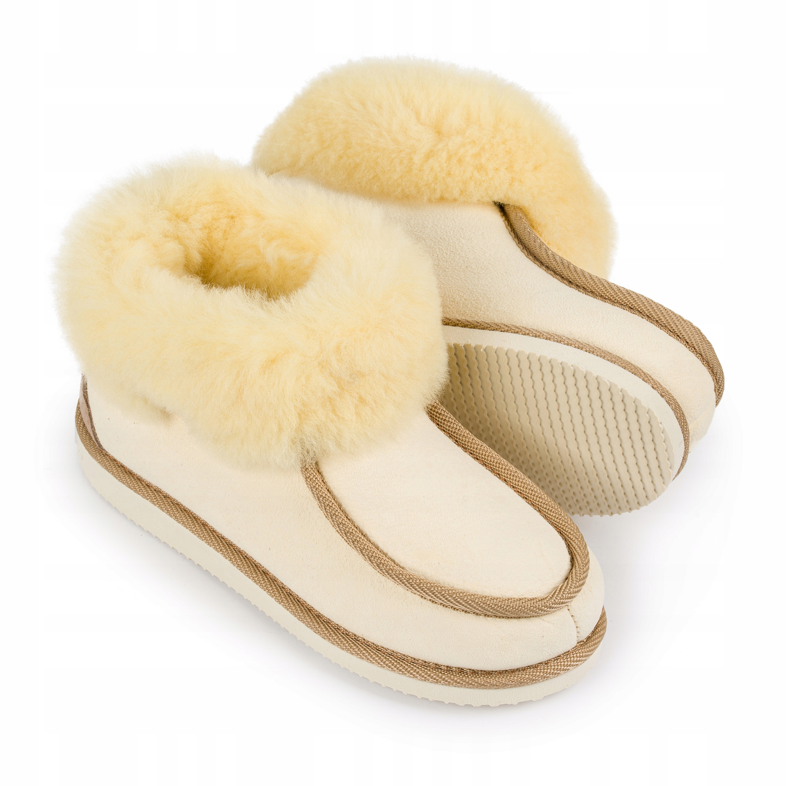 

Beżowe Bambosze Damskie Skórzane Ciepłe Kapcie Beż