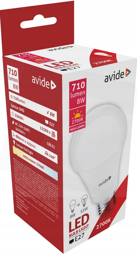

Żarówka Led E27 8W 53W 710lm 240° ciepła 2700K