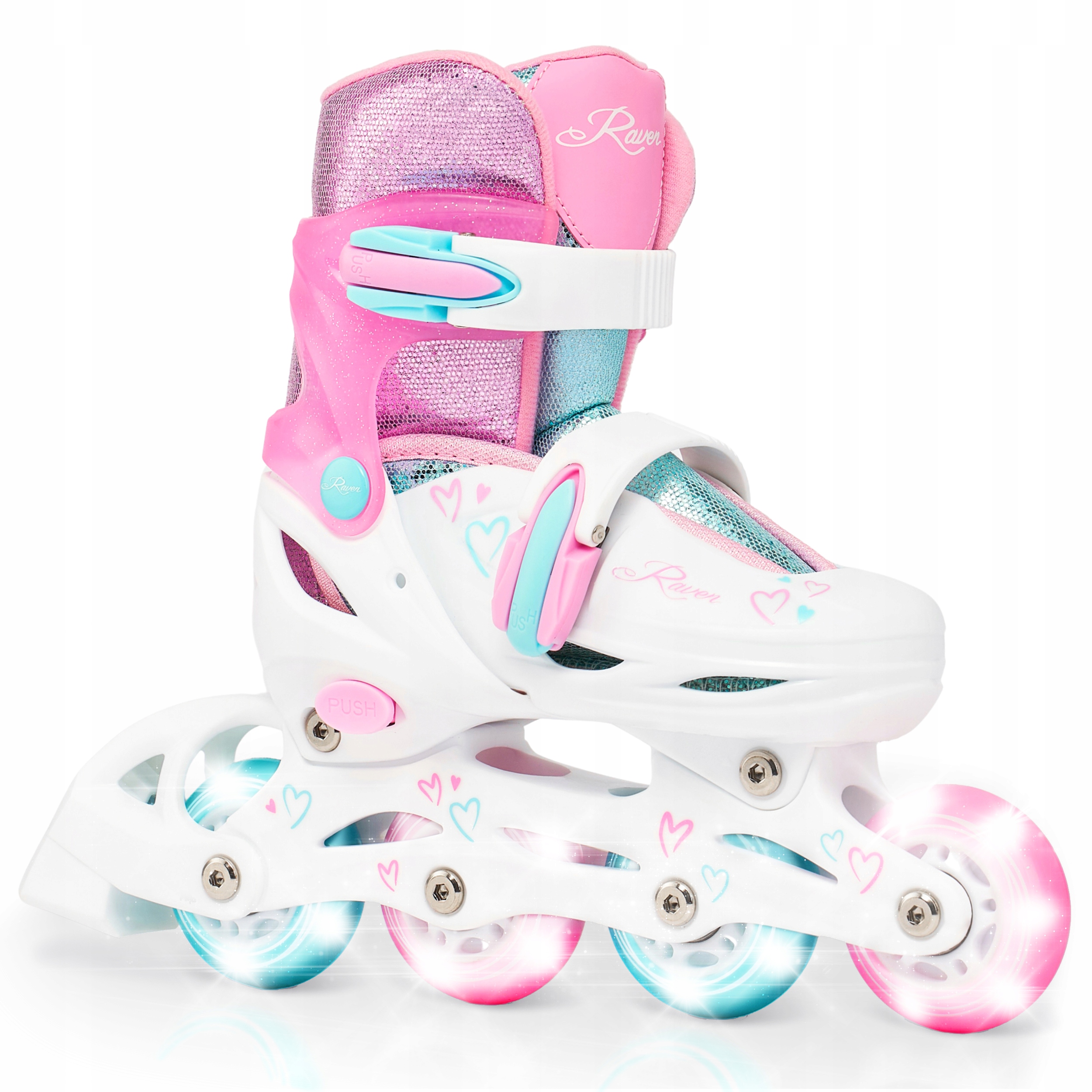 Rolki Regulowane Raven Loret Glitter White/Mint/Pink 30-33 Kółka Led