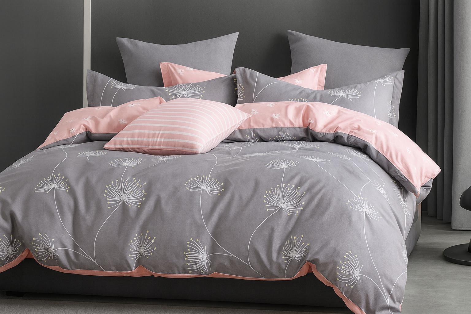 3dílná sada povlečení na peřinu z bavlněného saténu v růžovo-šedém květovaném provedení 160×200 cm