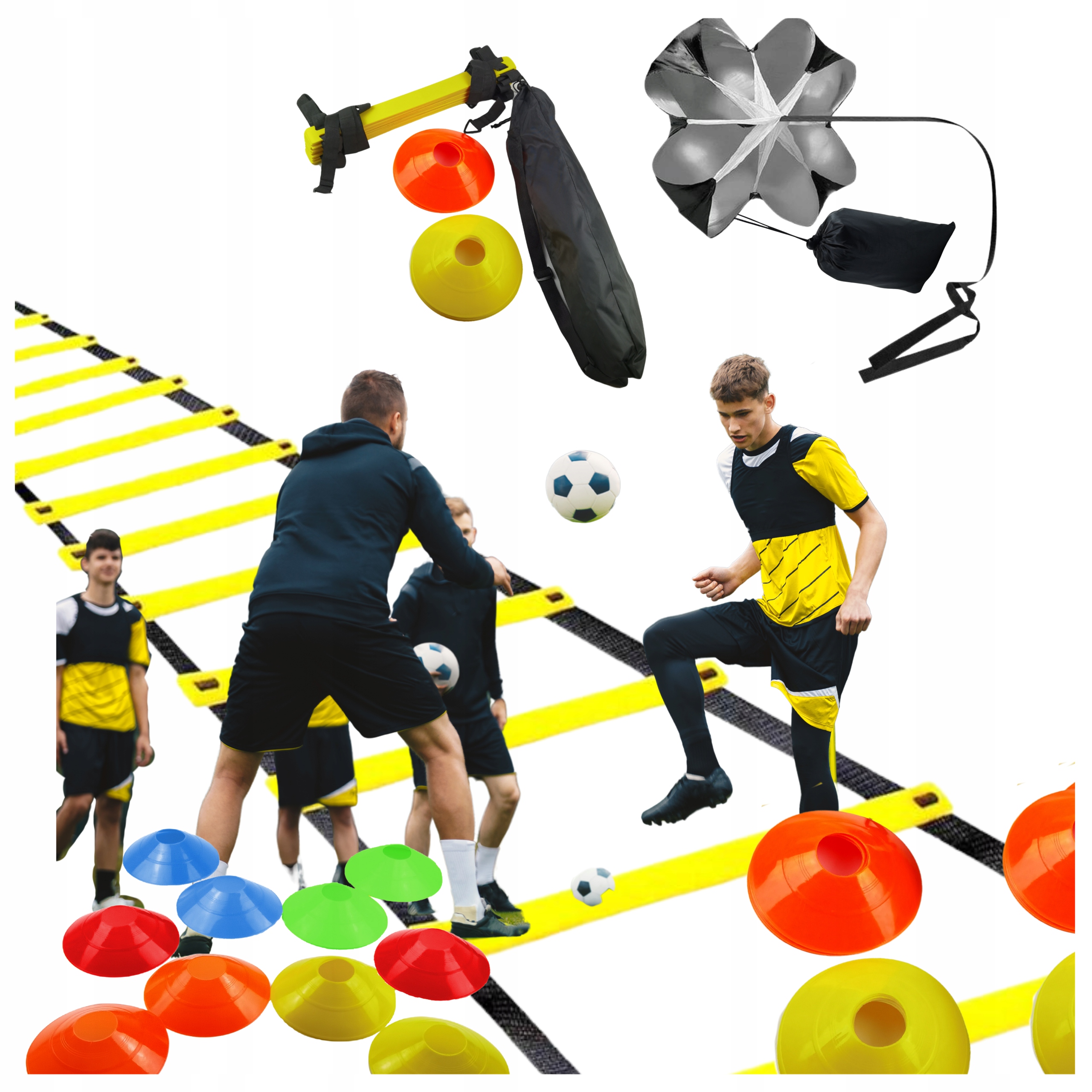 14w1 Zestaw Piłkarski Drabinka Koordynacyjna Pachołki+ Spadochron Oporowy