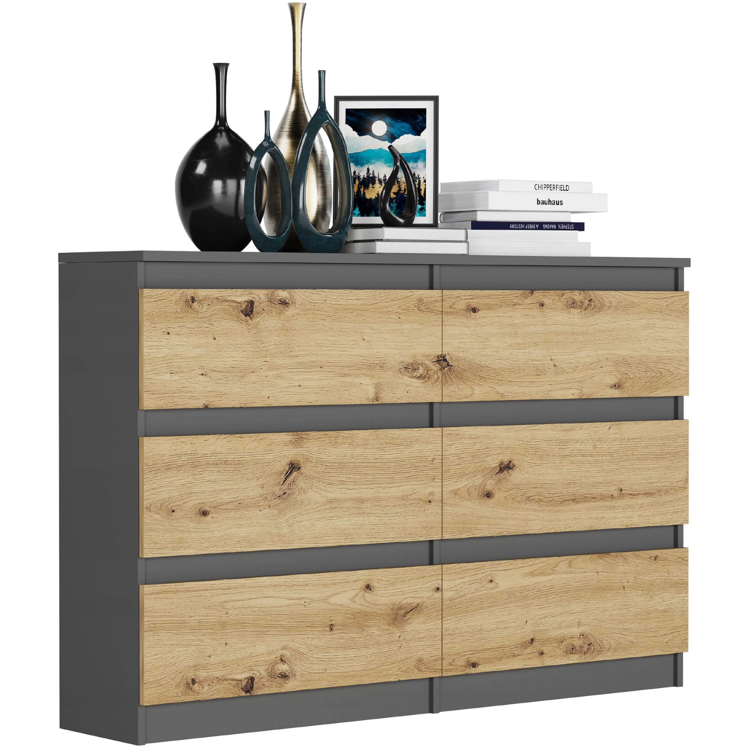 KOMODA 120CM SZAFKA 6 SZUFLAD R-120 ANTRACYT MIX ARTISAN