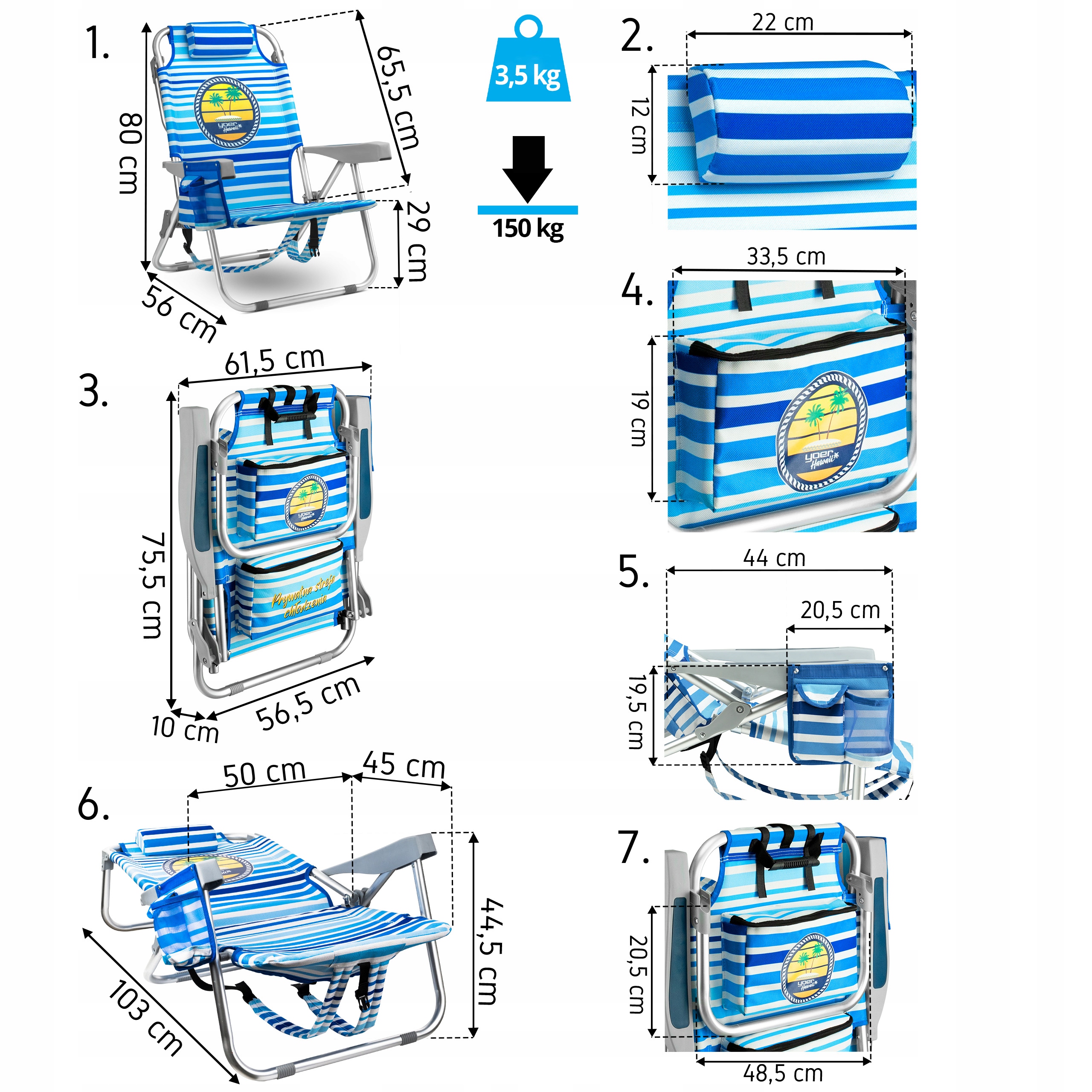 Krzesło PLAŻOWE turystyczne Leżak Yoer 4w1+LODÓWKA Głębokość siedziska 45 cm
