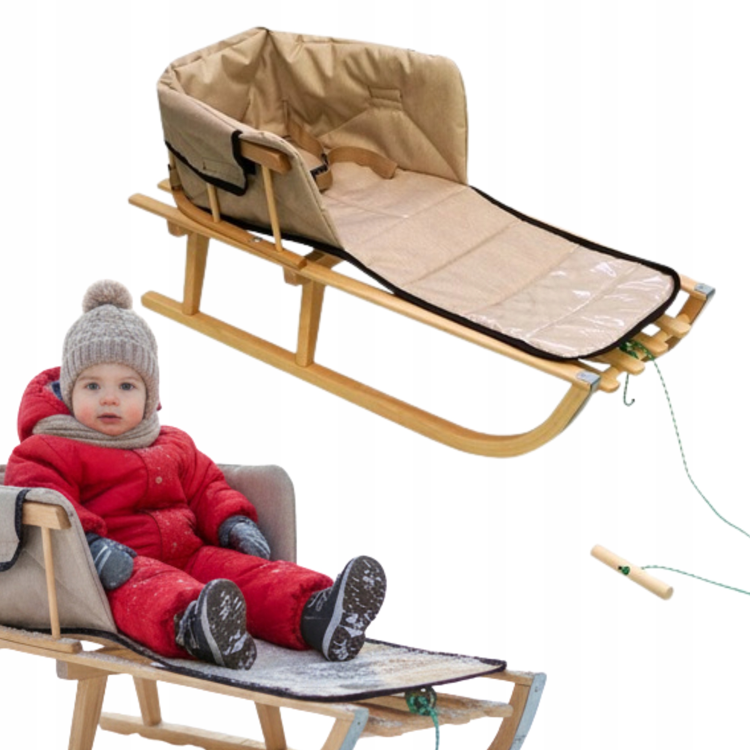Sanki drewniane dla dzieci z oparciem materacykiem tradycyjne solidne pasy