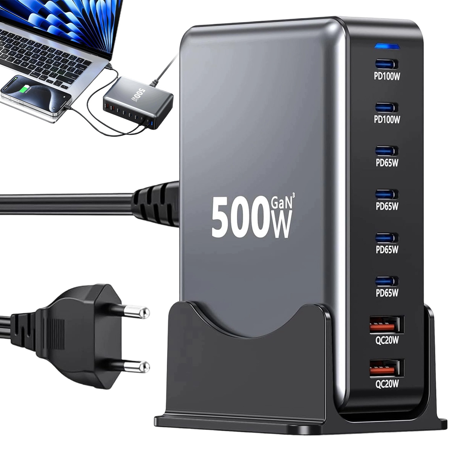 Výkonná Nabíječka GaN 500W Stolní Nabíjecí Stanice Pro Porty 2XUSB-A 6XUSB-C