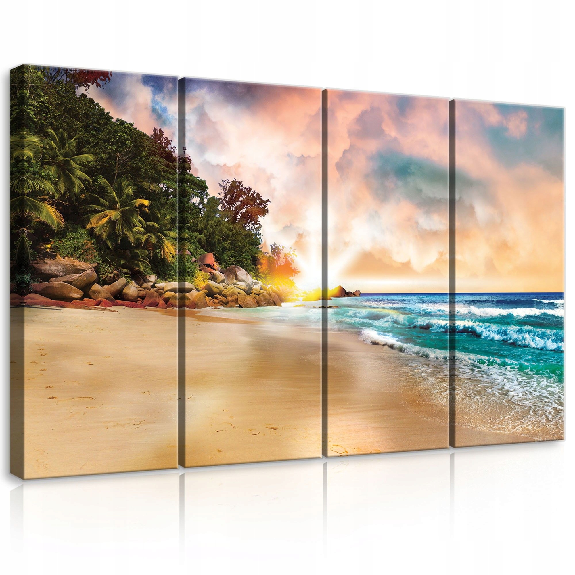 Obraz 120x80 Tropická pláž východ/západ slunce oceán vlny palmy skály