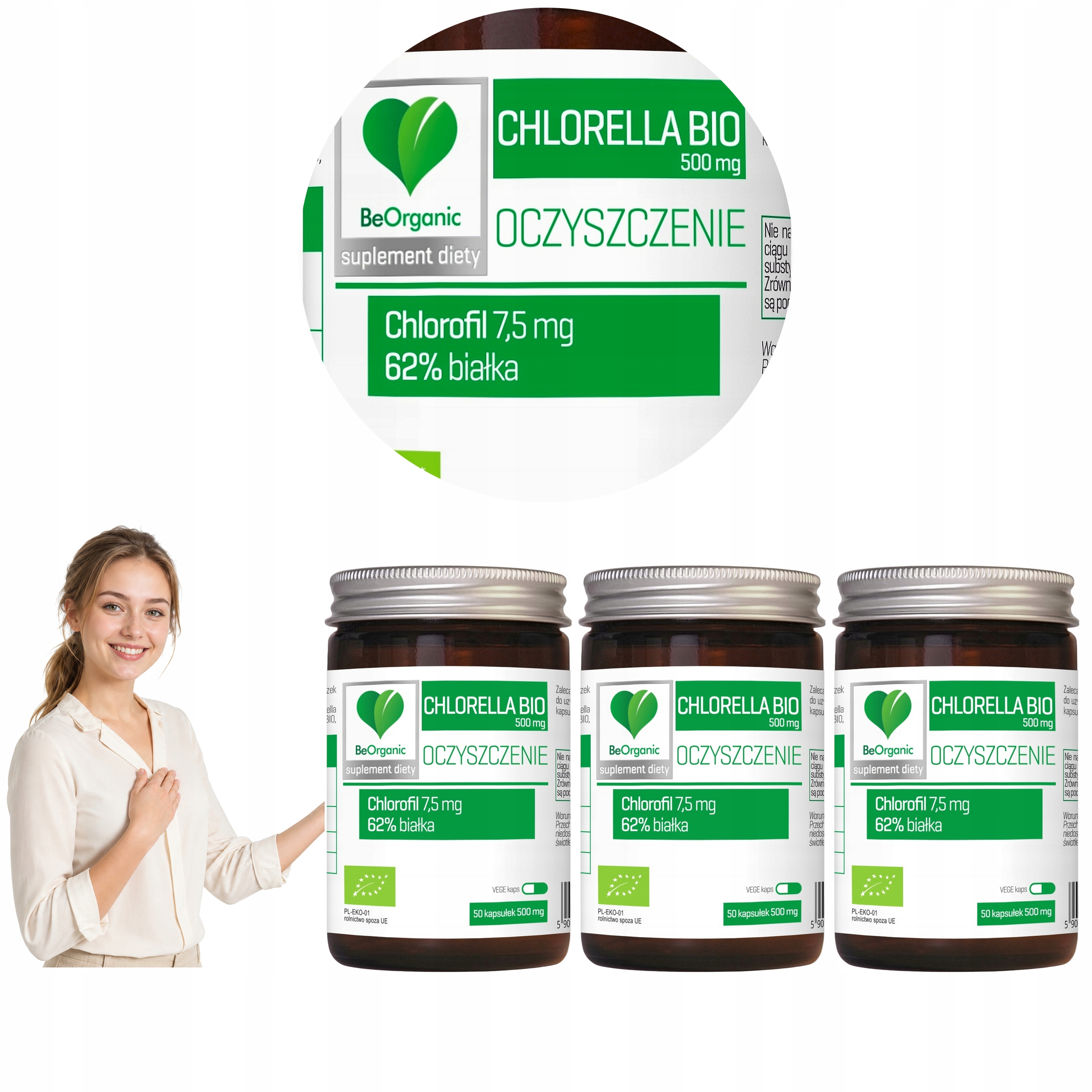 3x Beorganic Chlorella Vulgaris Bio Mikroalga Słodkowodna 500 mg 50 kaps.