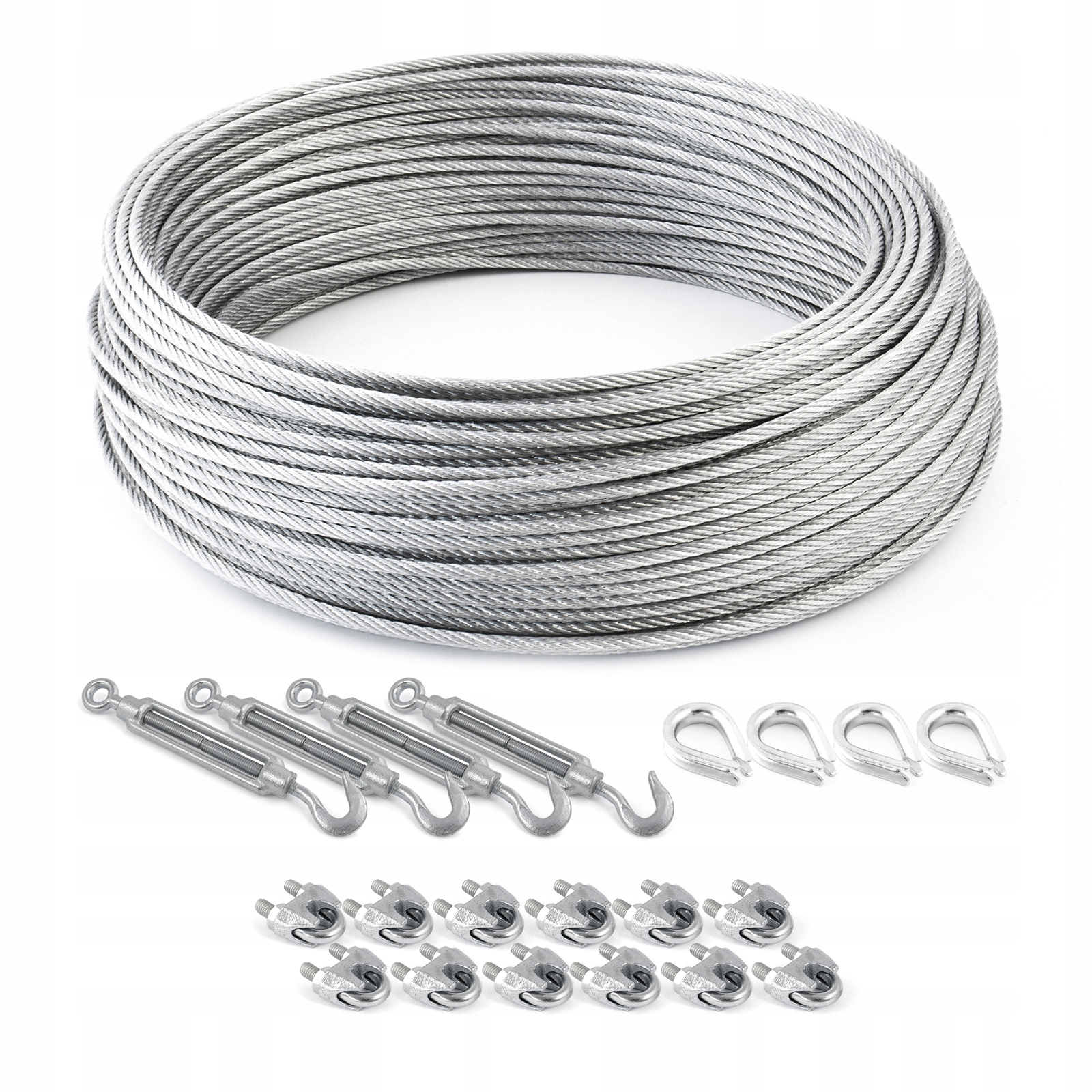 Sada lanového lana pozinkovaná 6 mm 6x19 25 m 12x svorka 4x šroub Oh 4x Kausza