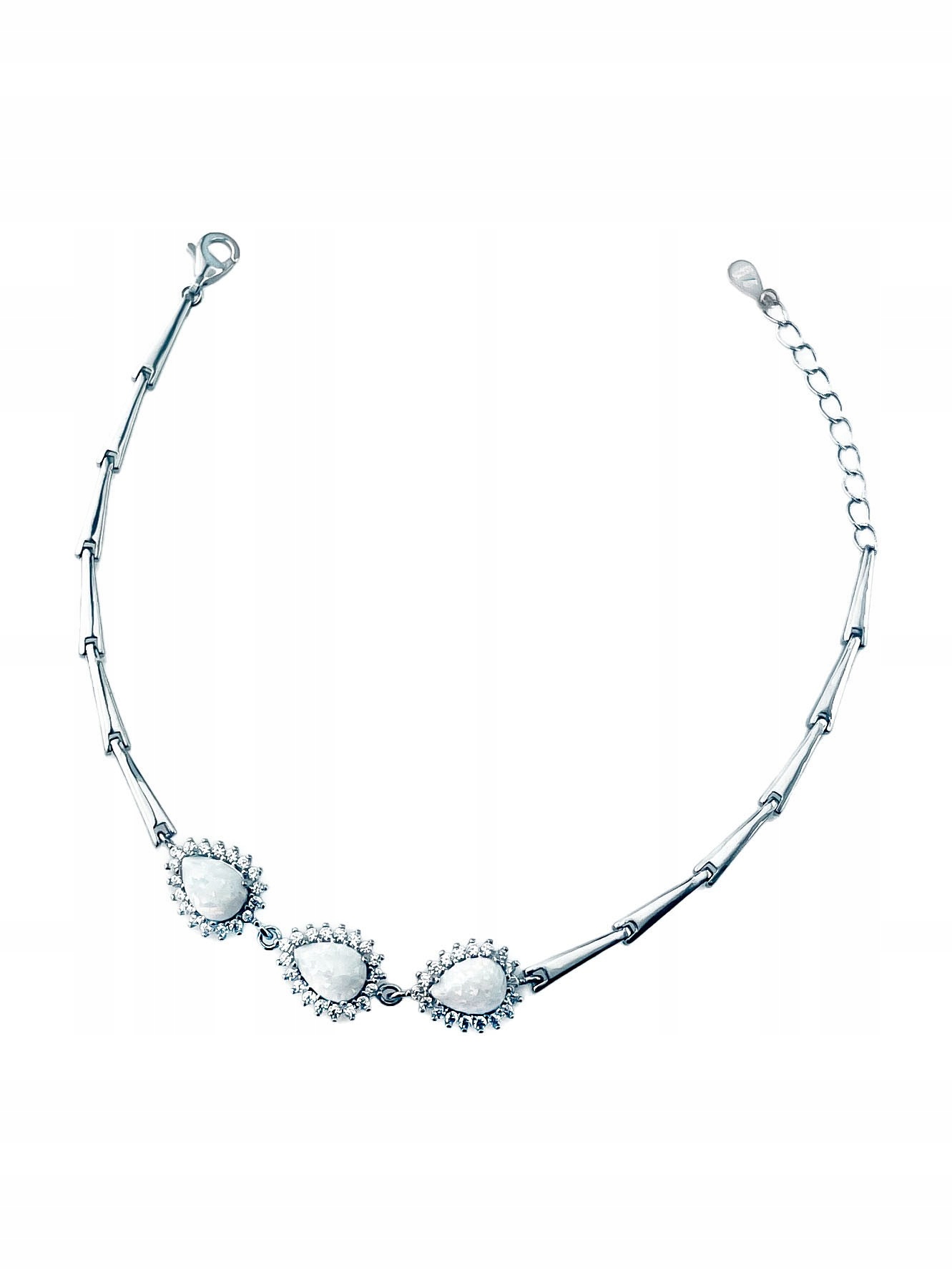 Stříbrný náramek s opálem a zirkony, slzy, karmínová barva