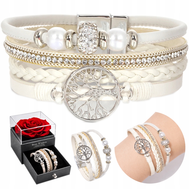 Skórzana Bransoletka Damska Stylowa Drzewo Życia Szczęścia Cyrkonie