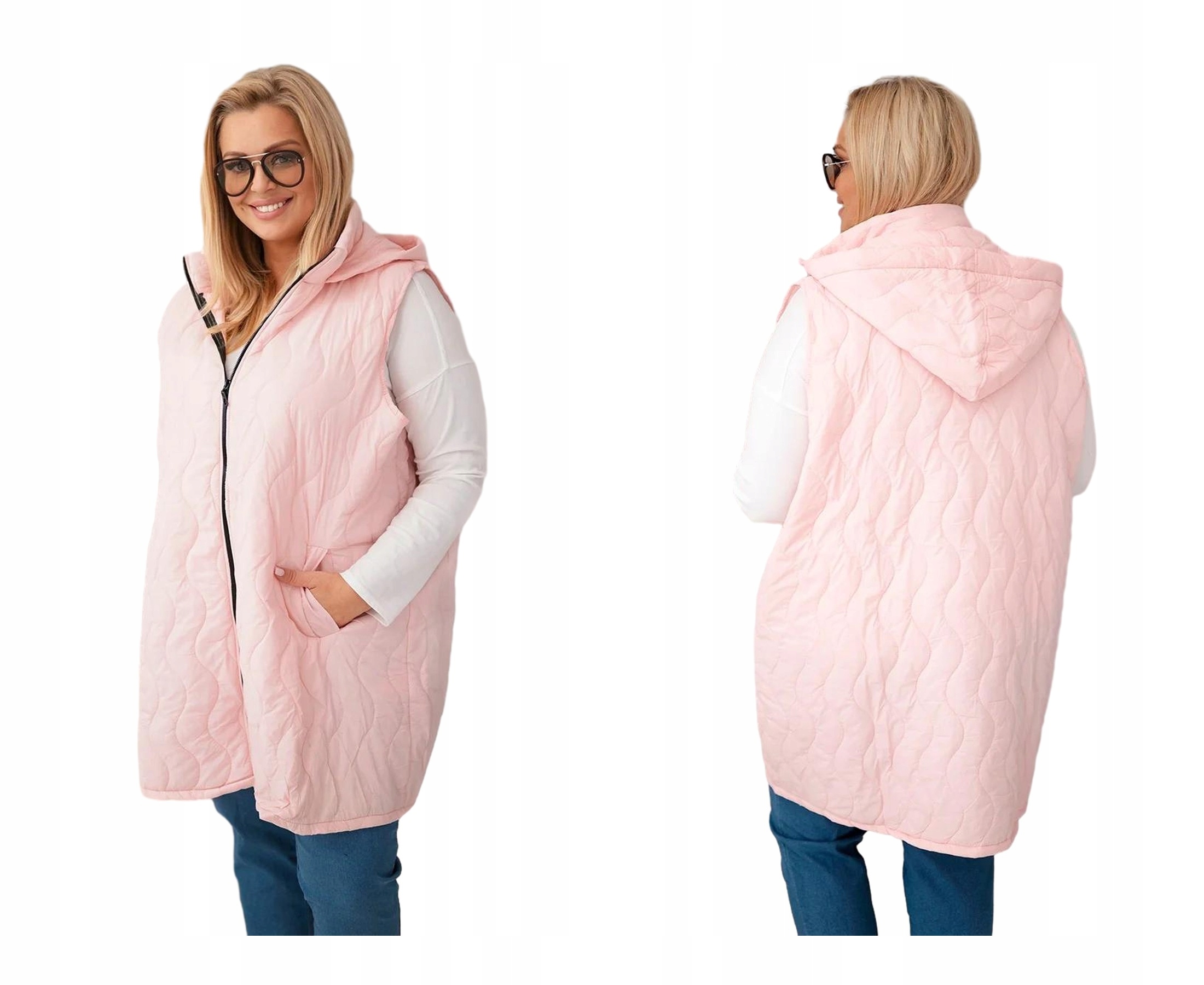 Cukrově růžová dámská prošívaná vesta Plus Size s kapucí