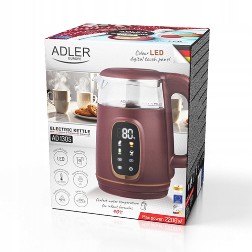 Czajnik Elektryczny 2200W Szklany Regulacja LED Dotykowy Cichy Adler 1,7 L