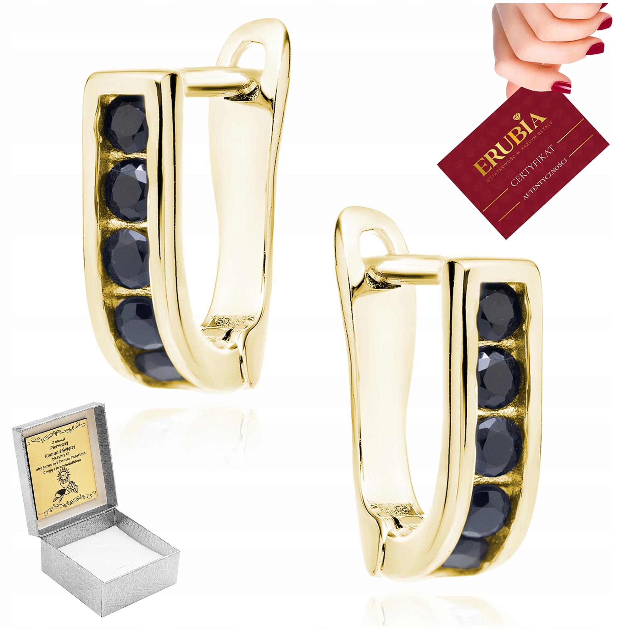 Stříbrné Pozlacené Náušnice S Černými Anglickými Zirkony Ryzost 925 Gravírování