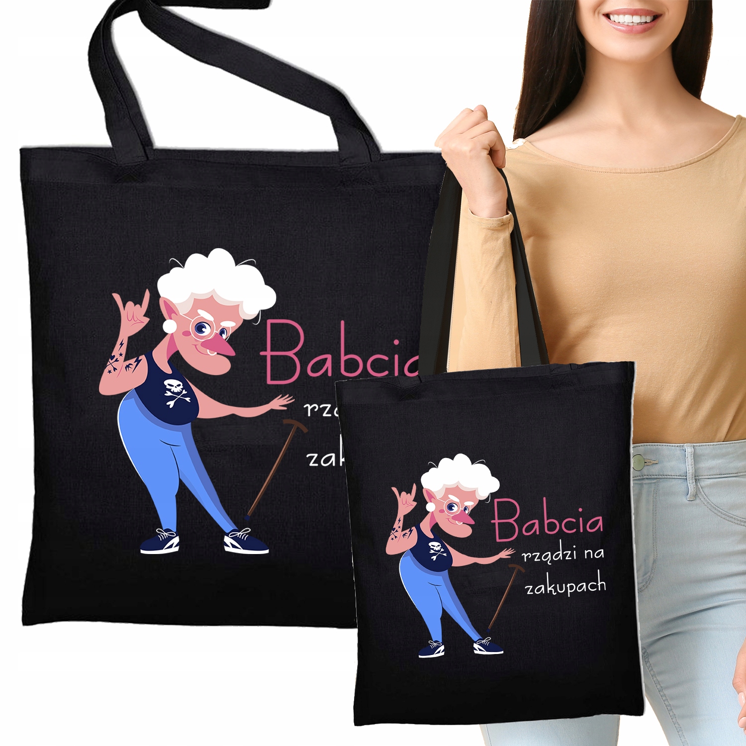 Torba Eko Czarna Prezent Na Dzień Babci BABCIA RZĄDZI NA ZAKUPACH Wzory