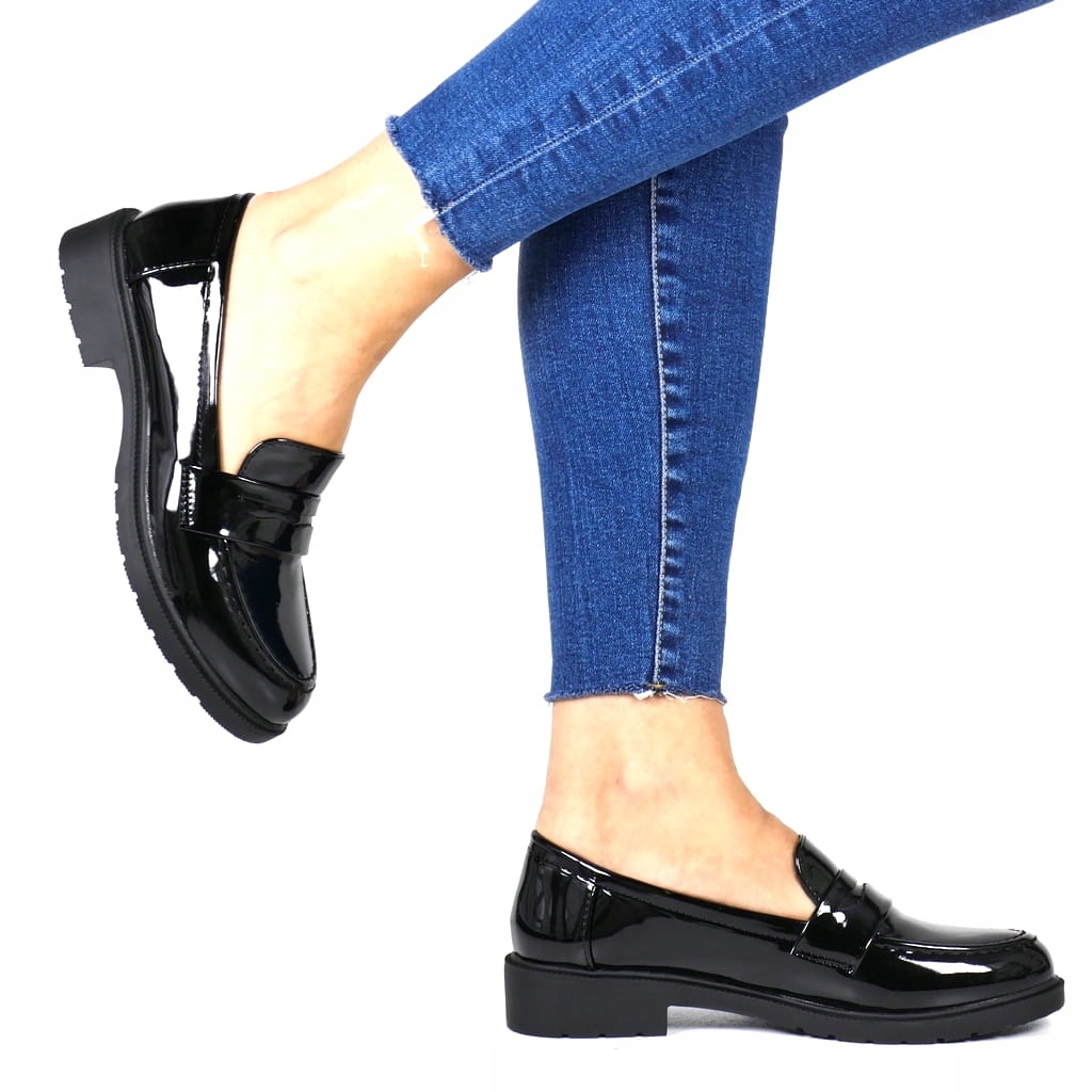 WYGODNE LOAFERSY DAMSKIE MOKASYNY NA GRUBEJ PODESZWIE BUTY PŁASKIE CZARNE Długość wkładki 24.2 cm