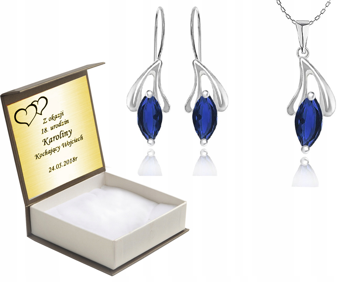 

Komplet Biżuterii Z Niebieskimi Cyrkoniami +grawer