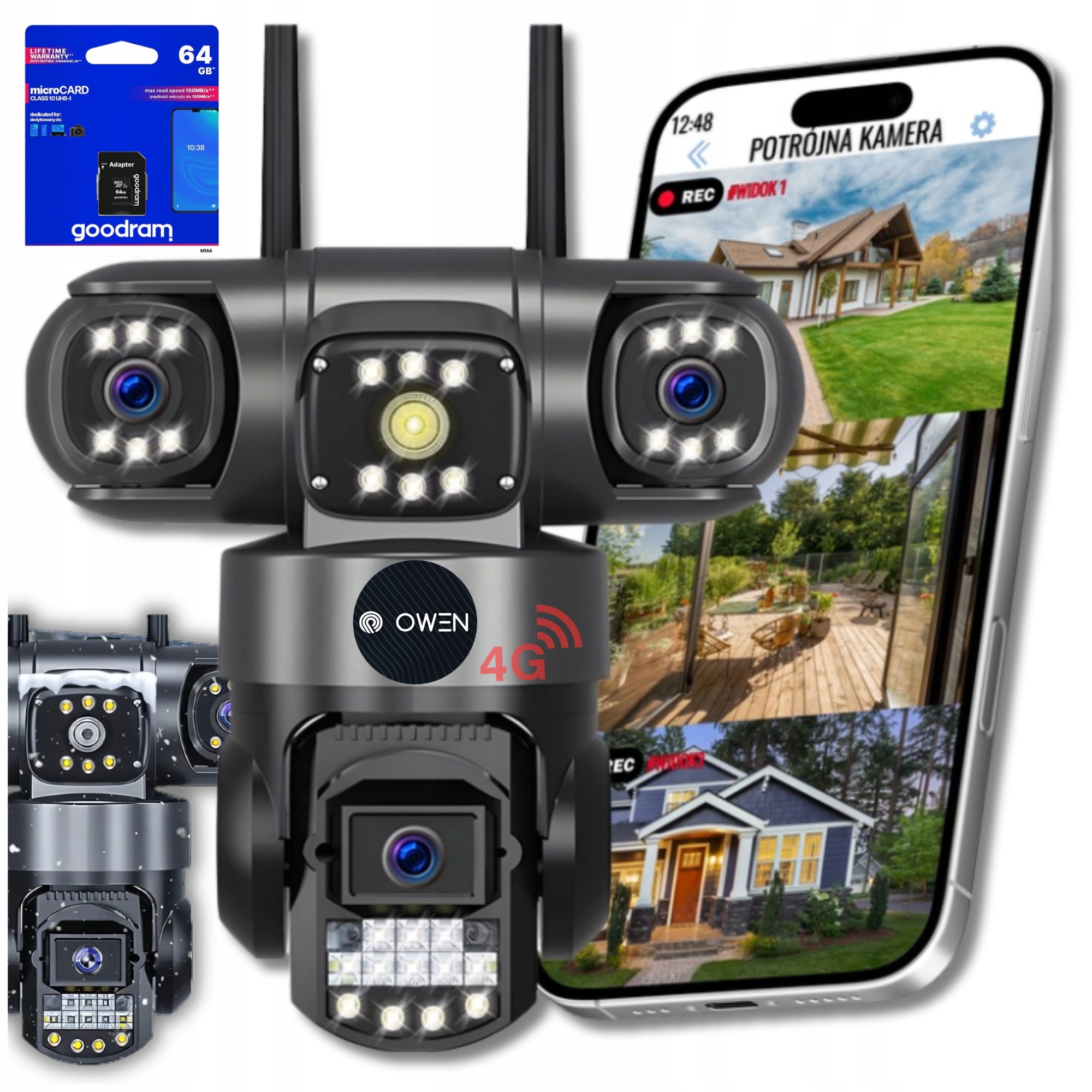 POTRÓJNA KAMERA ZEWNĘTRZNA 4G LTE KARTA SIM OBROTOWA 12MP DETEKCJA IP SMART