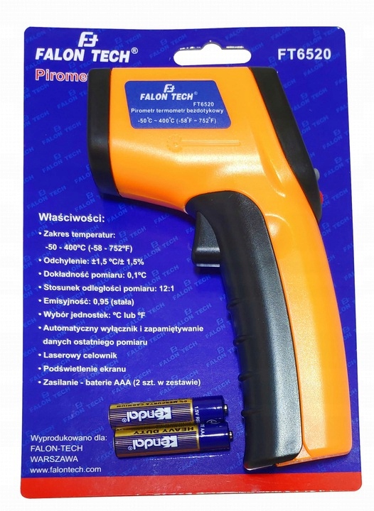 PIROMETR TERMOMETR LASEROWY BEZDOTYKOWY -50 +400 Marka Falon-Tech