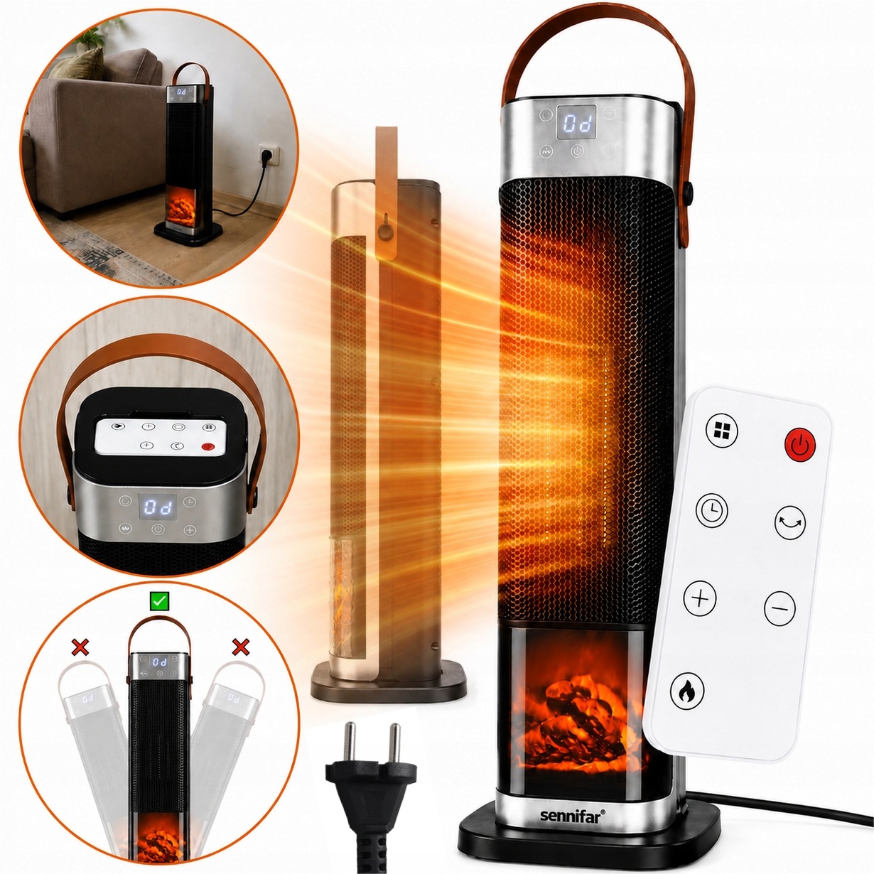 Keramický věžový termoventilátor 2000 W Farelka s dálkovým ovládáním, efekt plamene