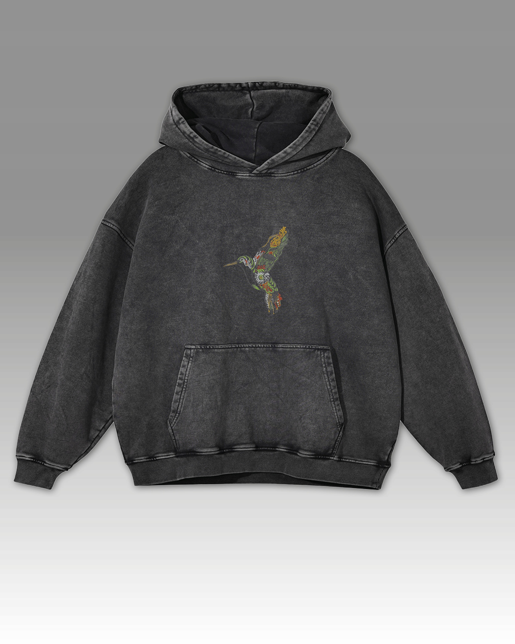 Mikina s kolibříkem Výšivka Oversize Spraná Barevný pták Grafitová XL