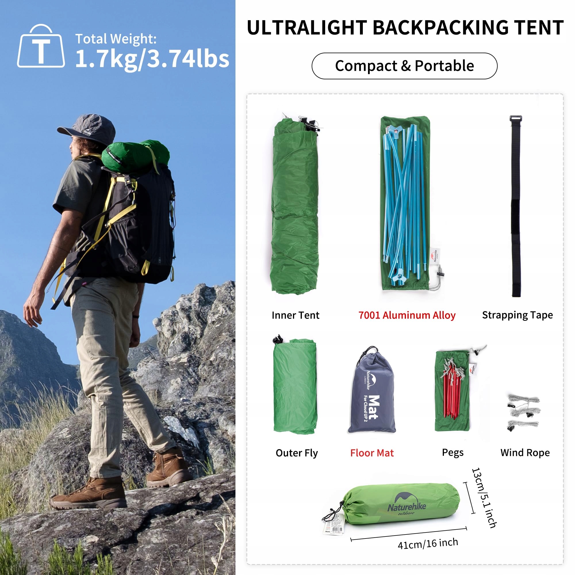 NATUREHIKE Cloud Up 1 Namiot Ultralekki Jednoosobowy Na 4 Pory Roku Camping — miniatura 6
