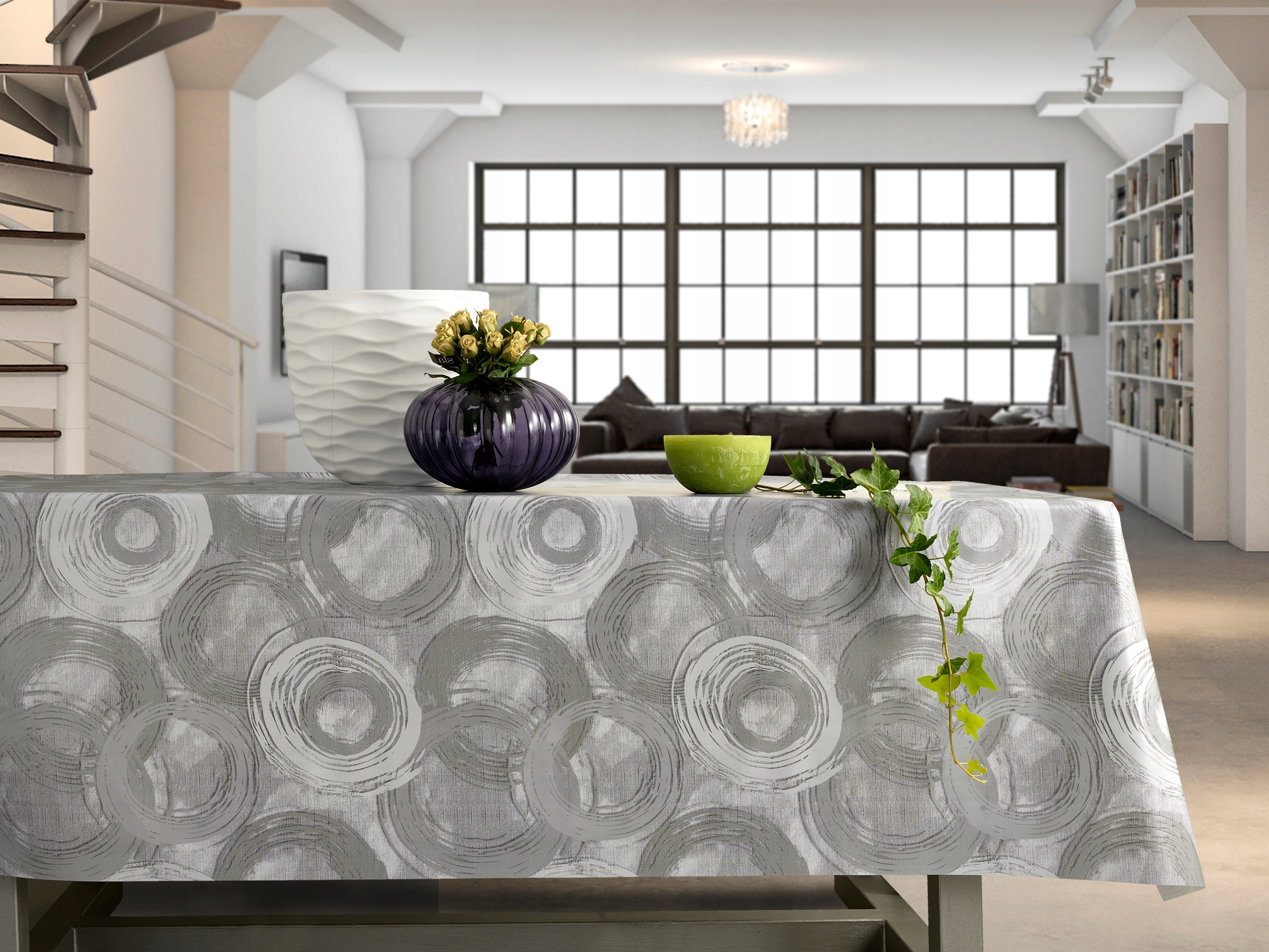 CERATA NA STÓŁ OBRUS WŁÓKNINA SZARE KOŁA 140x200