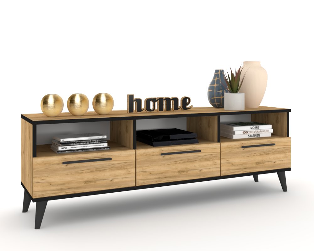Rtv skříňka Komoda se zásuvkami Police do obývacího pokoje Hania Dub Craft Černá