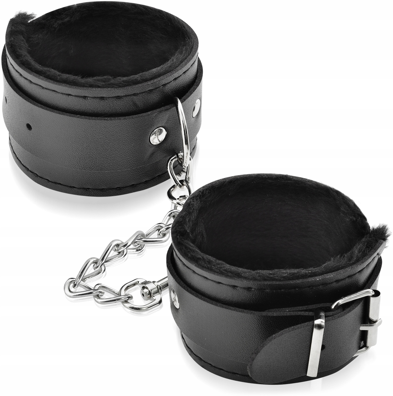 MOCNE SKÓRZANE KAJDANKI Z ŁAŃCUSZKIEM I FUTERKIEM BDSM