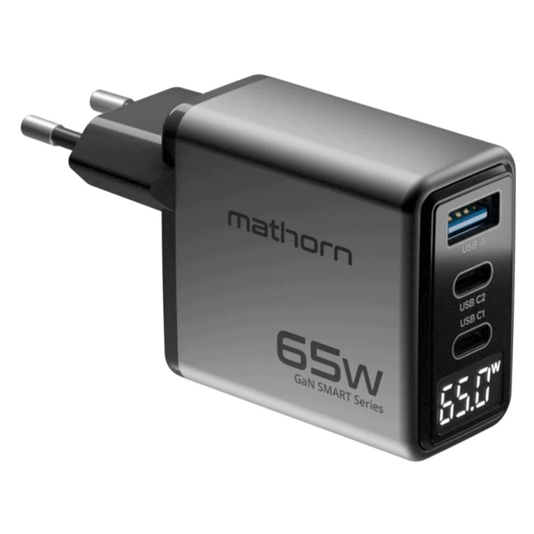 Síťová nabíječka Mathorn Usb GaN 65W C2A1 PD3.0 QC4.0 Led Eu Smart