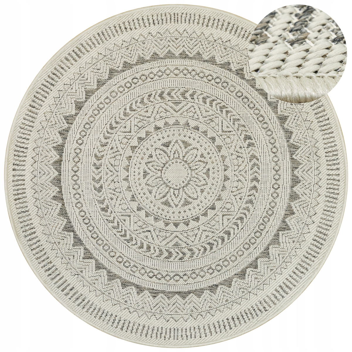 Dywan Okrągły Sznurkowy Beżowy Kremowy Rozeta Zewnętrzny Jeans śr. 160 cm