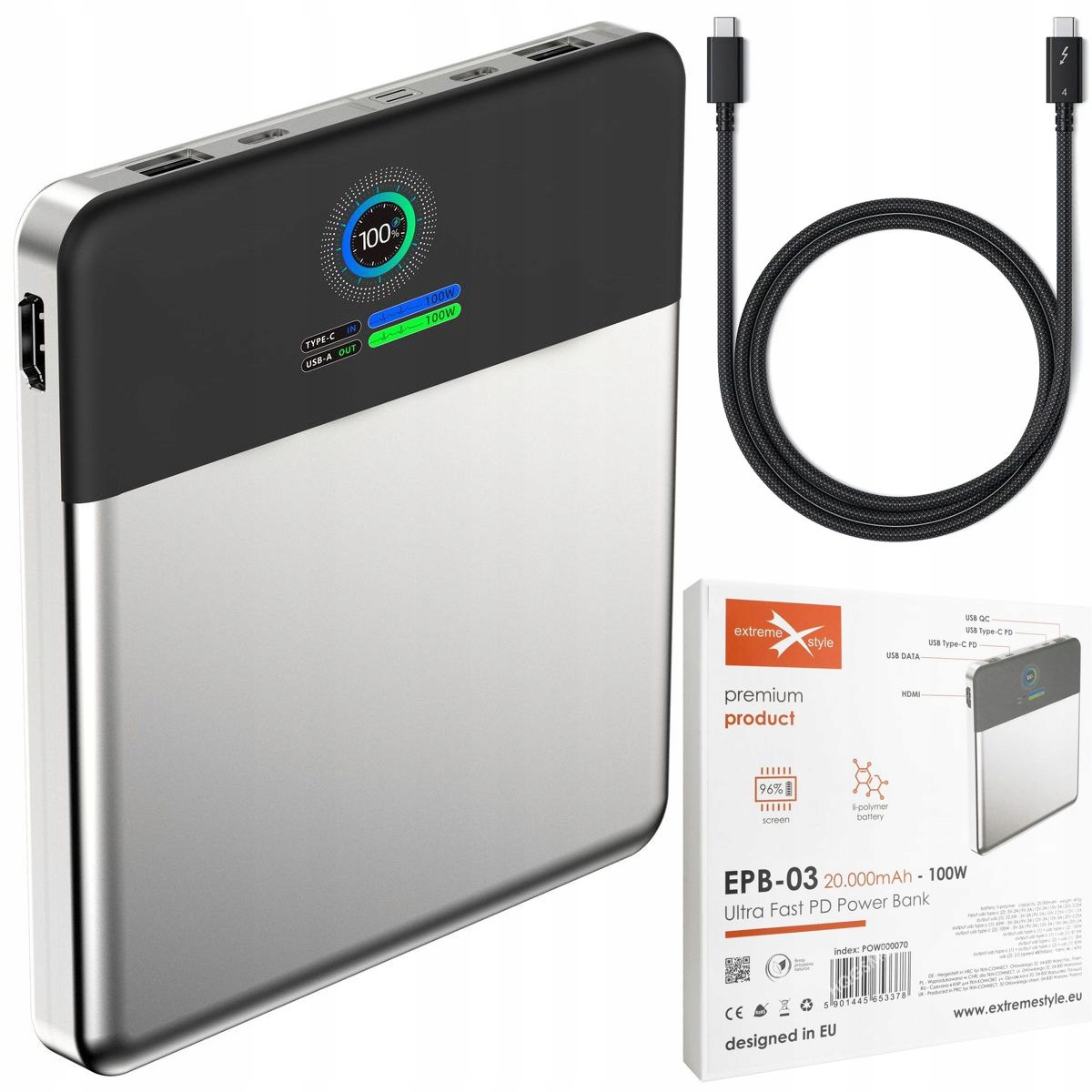 Powerbanka Hub Hdmi 4K PD3.0 QC4.0+ Usb-c Usb-a 20000mAh 100W Thunderbolt 4