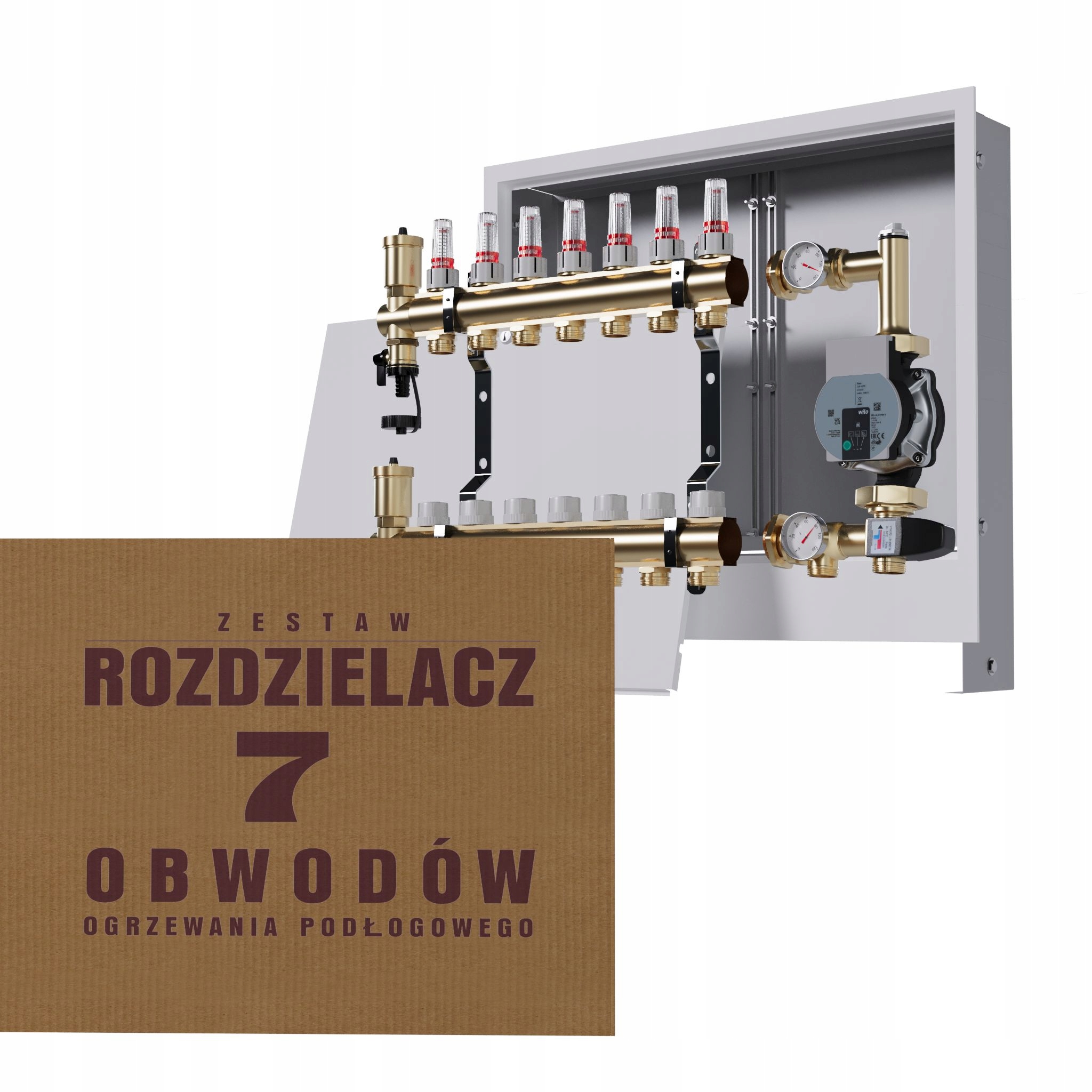 Rozdělovač pro podlahu 7 okruhů se skupinou Wilo podomítková skříňka