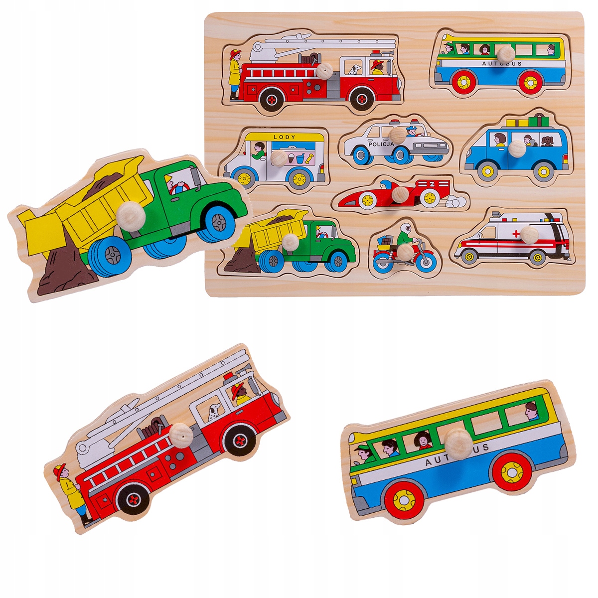 DREWNIANA UKŁADANKA Z UCHWYTAMI PUZZLE POJAZDY