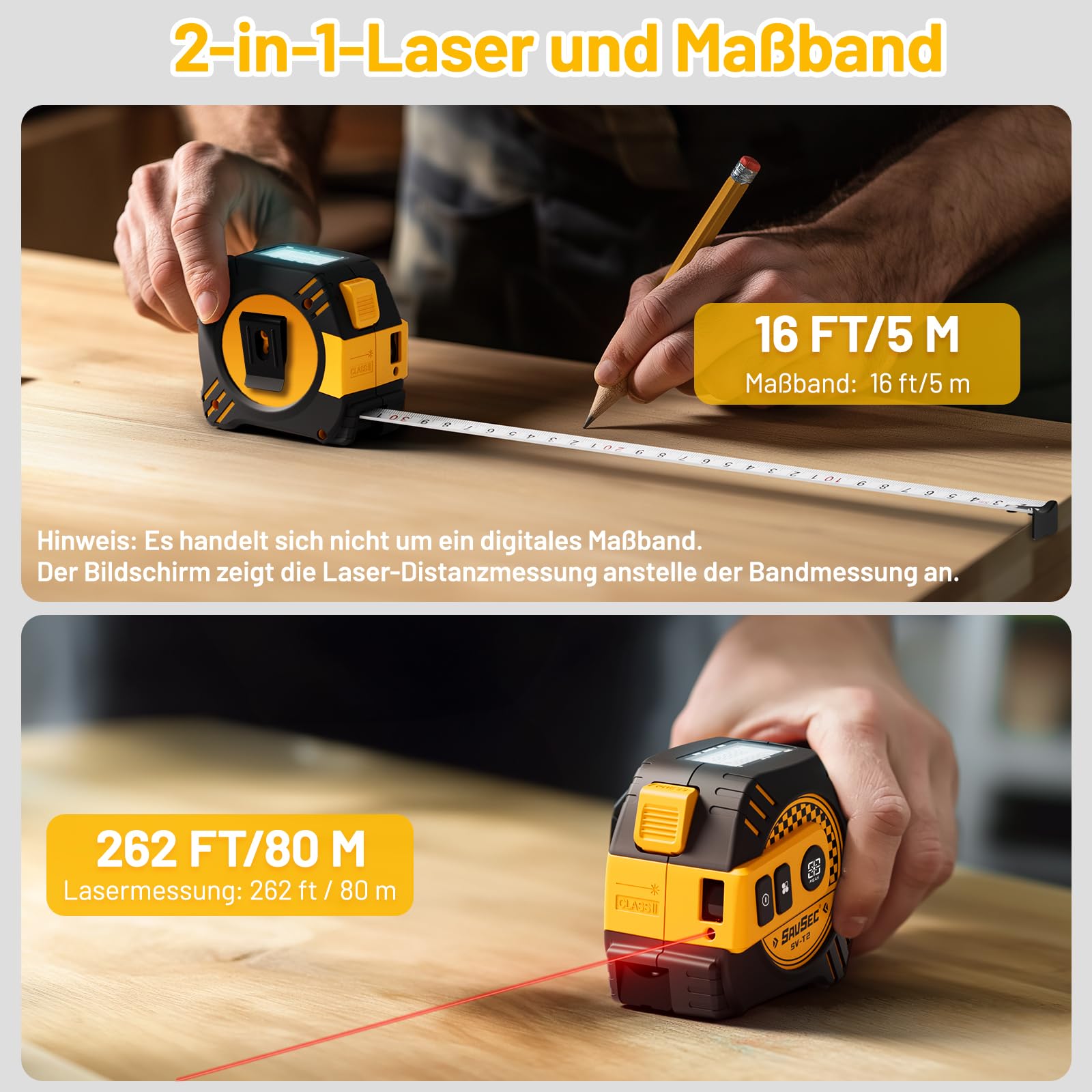 SAVSEC Dalmierz Laserowy 2w1 80m Cyfrowa Miarka LCD Pomiar Odległości — miniatura 2