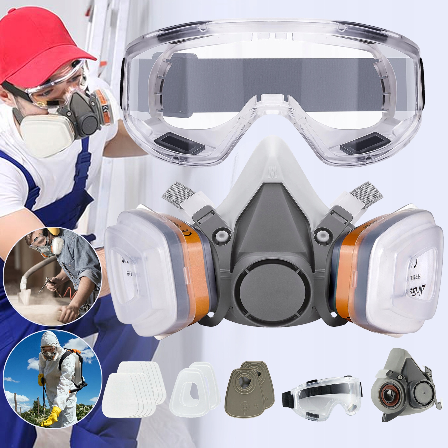 MASKA ODDECHOWA WIELOKROTNEGO UŻYTKU Z OKULARAMI OCHRONNYMI, ANTYPYŁOWA