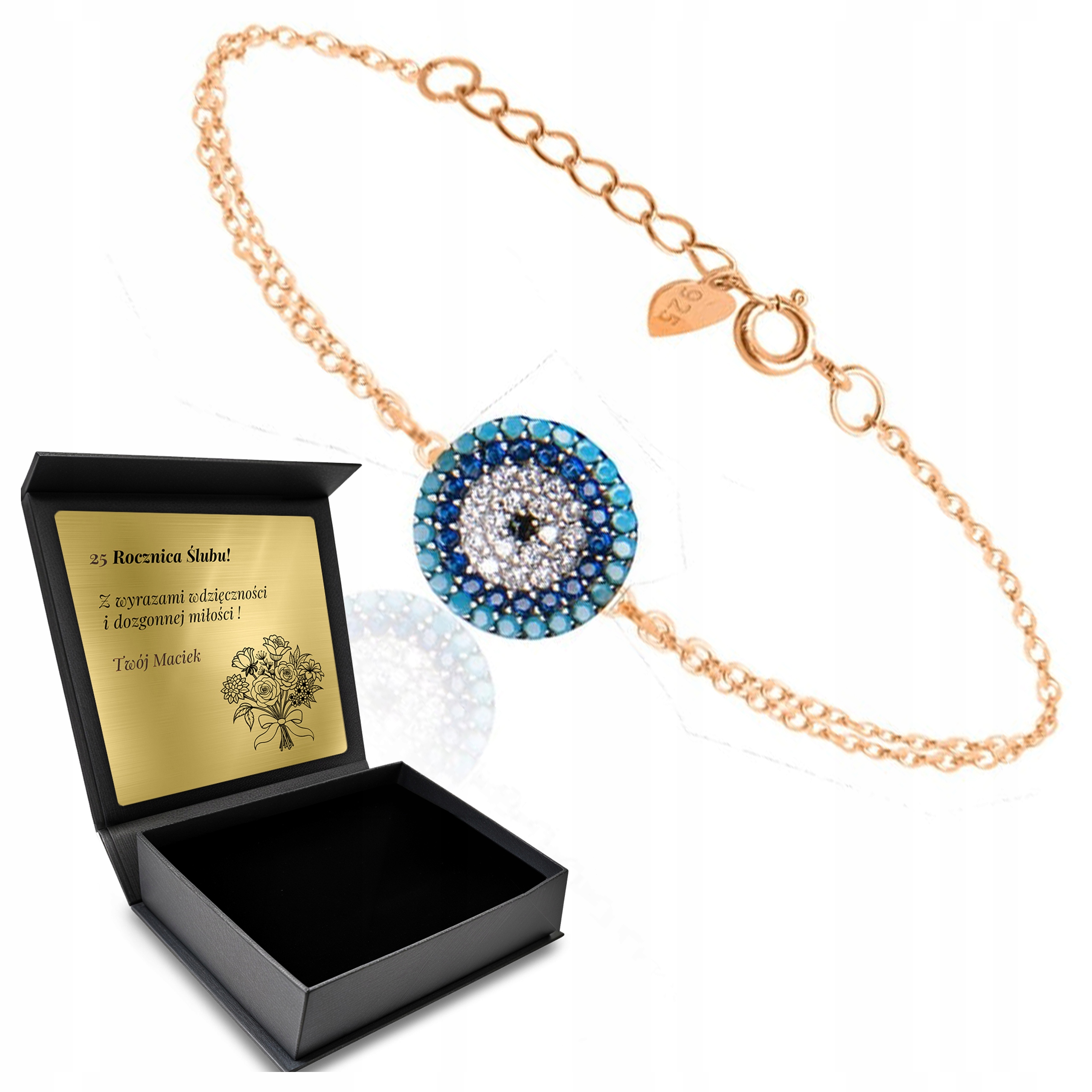 Stříbrný náramek Pozlacené oko proroka Turecký talisman Gravírování Bonus
