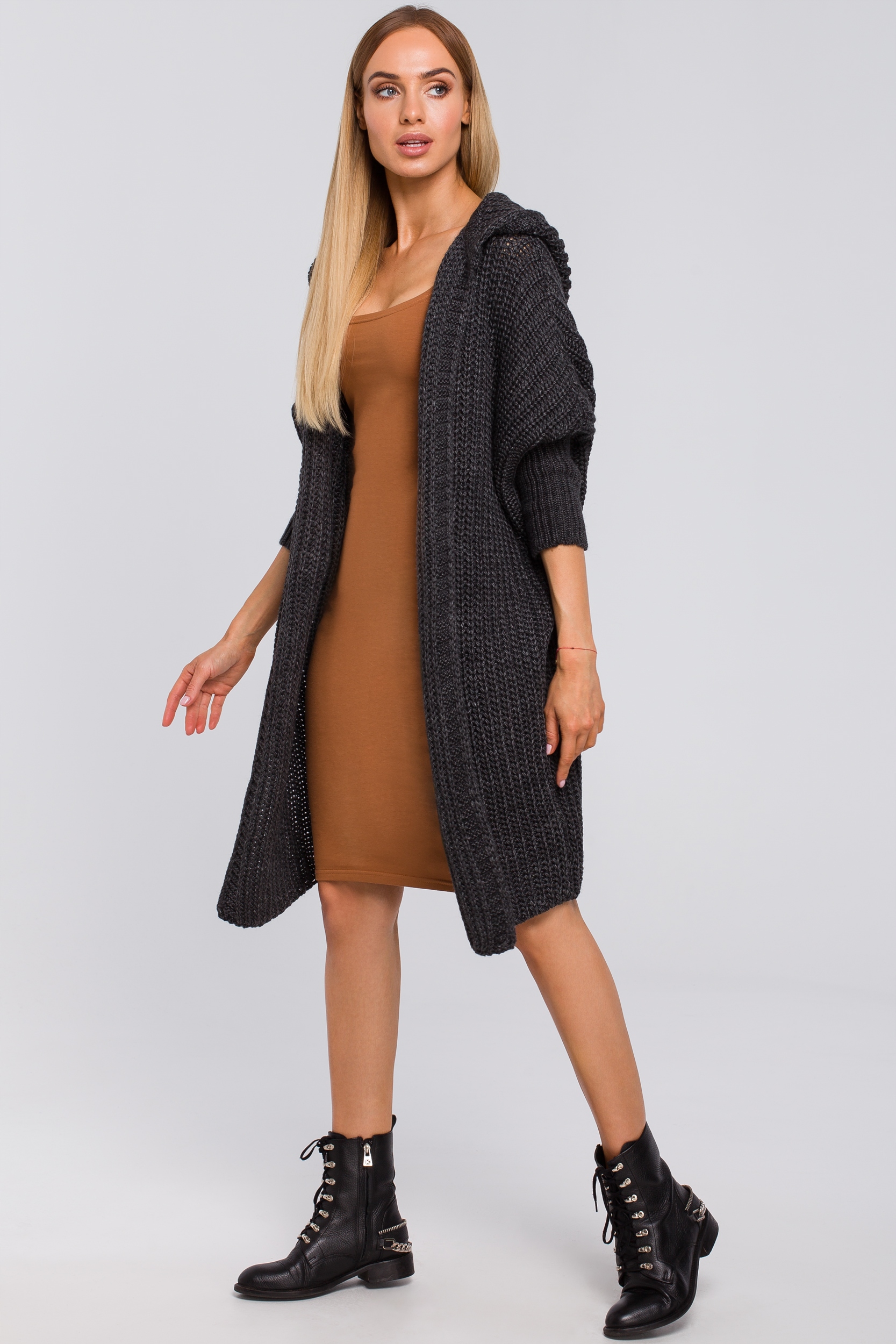 KOBIECY SWETER KARDIGAN SWETEREK Z KAPTUREM UNISIZE DŁUGI GRAFITOWY UNI Marka MOE