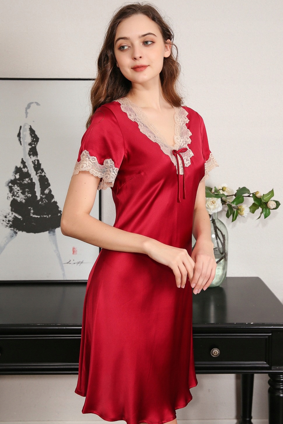 Jedwabna Koszula Nocna KORONKA Halka Piżama NLI s Długość do połowy uda