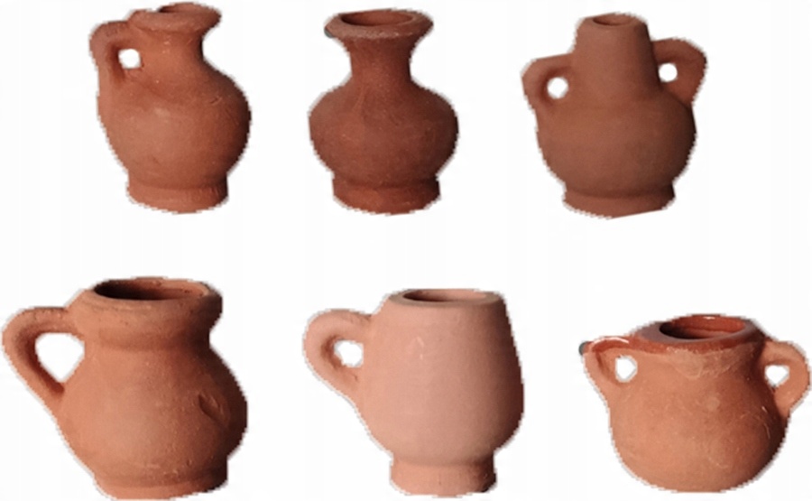 

6 Dzbanki Gliniane do 2,9cm wys. do figur 8-13cm