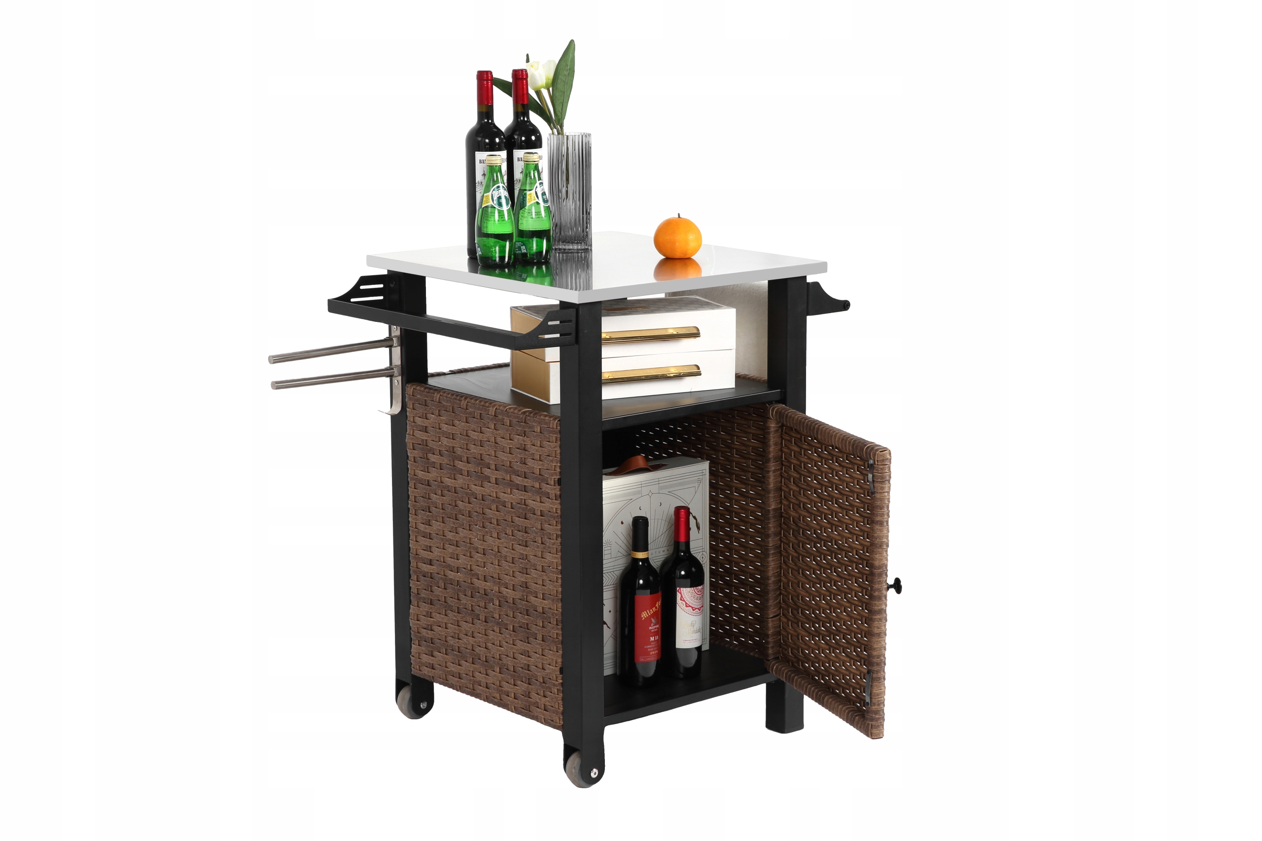 Jednodveřový barový vozík, venkovní kuchyňský proutěný ostrovní vozík